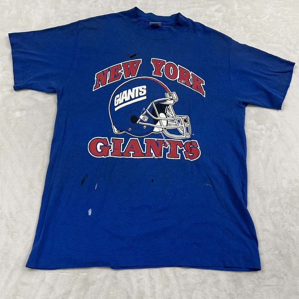Vintage New York Giants T-Shirt Mens L Blue Graphic Helmet Distressed NFL Retro